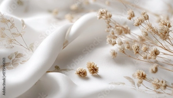 Fototapeta White silk fabric draped with dried flowers, evoking elegance and serenity