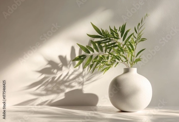 Fototapeta White vase holds green leafy branches, sunlight creates shadows on white wall