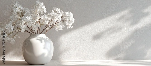 Fototapeta White vase holding white flowers under sunlight. Shadows cast on a white wall. Minimalist aesthetic