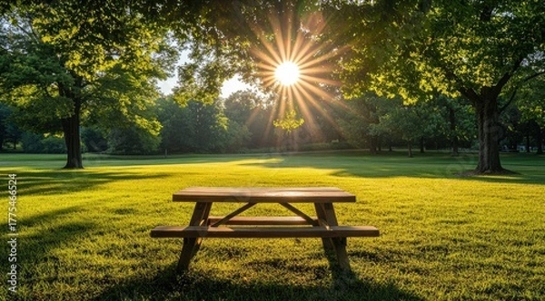 Fototapeta Sunny picnic table in a park (2)