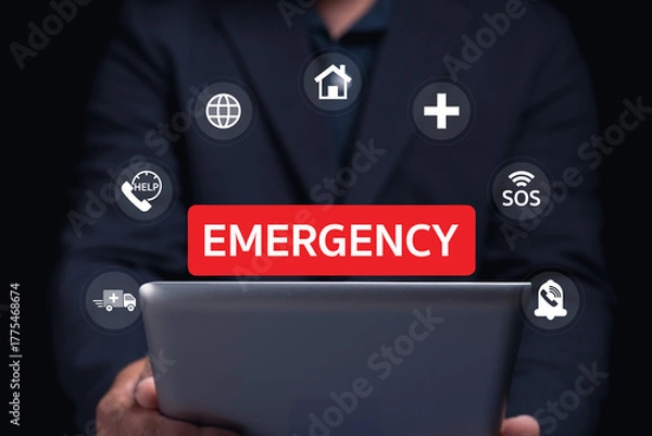 Fototapeta A person holds a tablet displaying an "EMERGENCY" alert surrounded by icons like help, home, and SOS, symbolizing urgent communication needs.