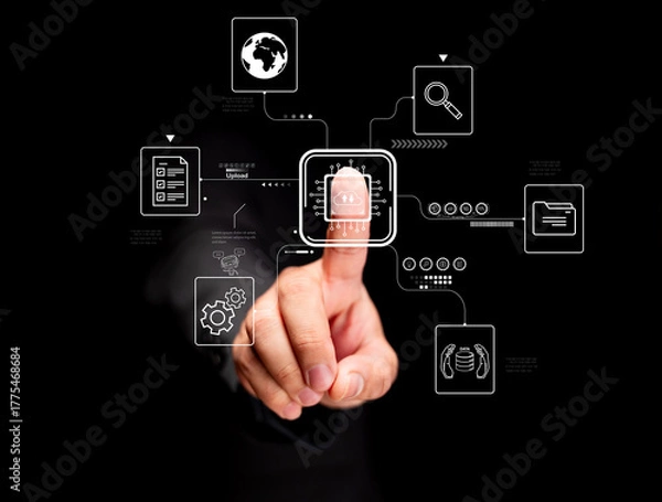 Fototapeta A hand interacts with digital icons, representing technology, data, and connectivity, on a black background.