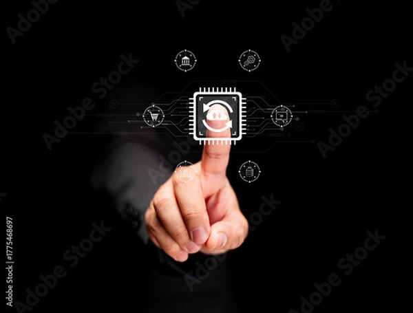 Fototapeta A hand interacting with digital icons, symbolizing technology, connectivity, and modern communication in a sleek, dark setting.