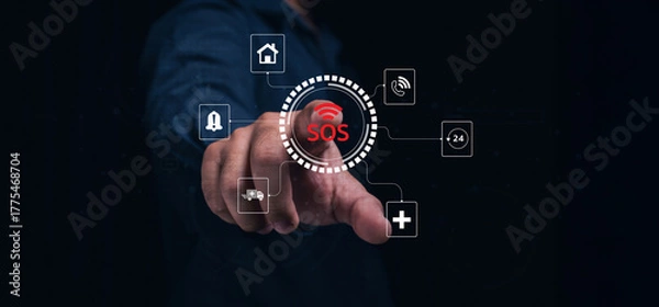 Fototapeta A hand points towards an SOS symbol, surrounded by various icons representing emergency services and safety notifications in a digital interface.