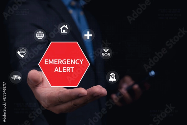 Fototapeta A hand presents an "Emergency Alert" icon, surrounded by various emergency symbols, indicating a focus on urgent communication and response.