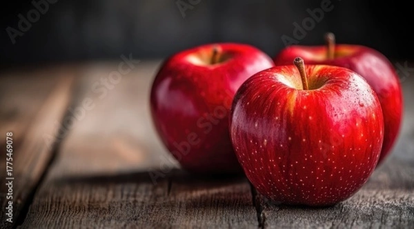 Fototapeta Three vibrant red apples on rustic wood