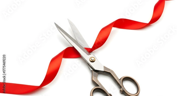 Obraz Scissors Cut Inauguration Ribbon For Grand Opening Ceremony or Launching New Venture or Business Anniversary New Product or Retail Store Celebration With Red Ribbon