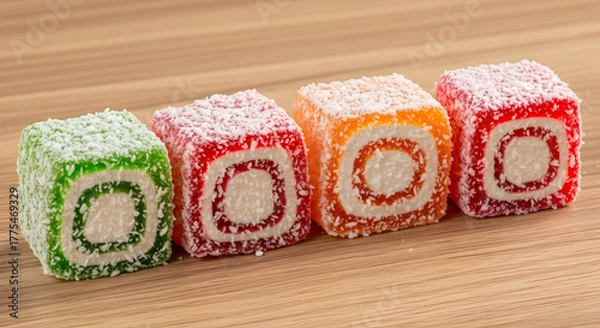 Obraz Exquisite Turkish Delight Assortment Sweet Indulgence Culinary Delights Exquisite Flavors Middle Eastern Confectionery Sugarcoated Squares Treat for the Senses  180char