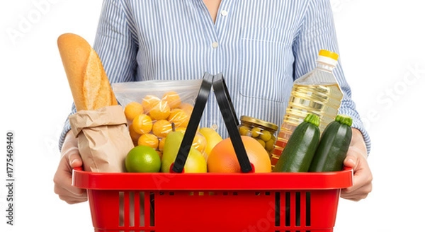 Obraz Fresh Produce Shopping Spree Red Basket Overflowing Healthy Food Variety From Grocery Store Delivering Abundance Nutritious Choices For Wellness Culinary Delights