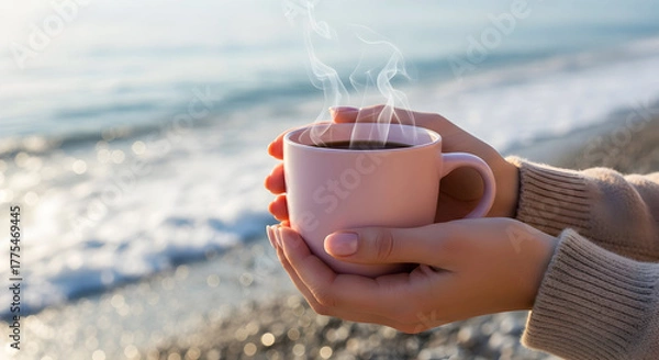 Obraz Beachside Bliss A Cup of Warmth by the Sea Serene Morning Coffee Break with Ocean Views Hands Holding Hot Beverage Peaceful Coastline Relaxation and Comfort in Nature's Embrace