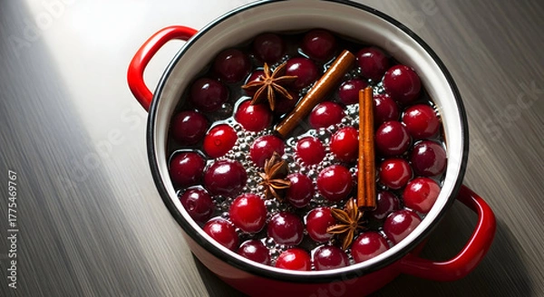 Obraz Festive Cranberry Sauce Creation Culinary Joy Thanksgiving Tradition Flavorful Simmering Pot Aromas of Cinnamon and Spice Holiday Baking Festive Food Preparation Rich Tastes