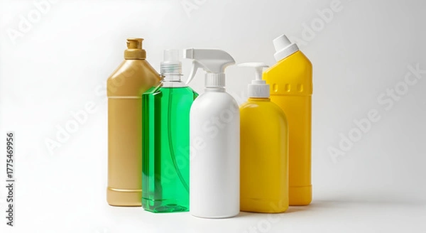 Obraz Household Cleaning Products A Variety of Colorful Bottles for Different Surfaces A Complete Set of Cleaning Supplies on a Plain White Background Studio Shot High Quality