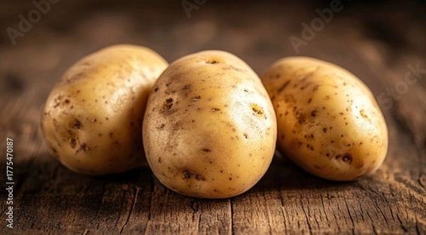 Fototapeta Three potatoes on rustic wooden table