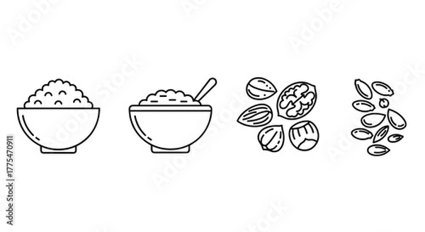 Fototapeta Bowls of rice and nuts with spoons and seeds in minimalist style  