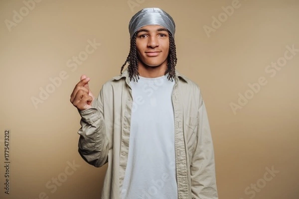 Fototapeta A young person with braided hair wearing a silver headscarf and a light-colored shirt, making a gesture with their hand against a neutral background