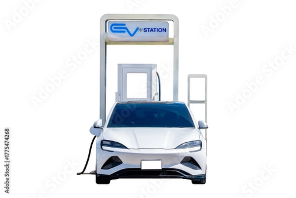 Obraz Modern electric vehicle charging at EV station isolated on transparent background, symbolizing clean energy, green technology, and eco-friendly transportation for a sustainable future. PNG