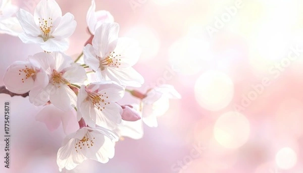 Obraz Close up of delicate white cherry blossoms with pink bokeh background and soft sunlight in spring