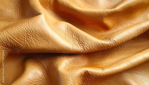 Obraz Close up of draped textured golden tan leather fabric showing its natural grain and subtle undulations in soft daylight creating a rich warm background.