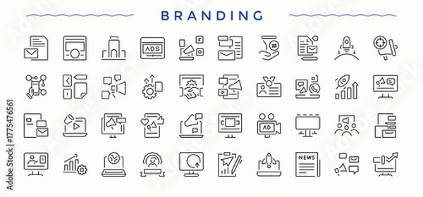 Fototapeta Branding icon set. Pack of strategy, brand, product, company and more. Identity icon set. Minimal icons set. Editable stroke. Pixel Perfect.