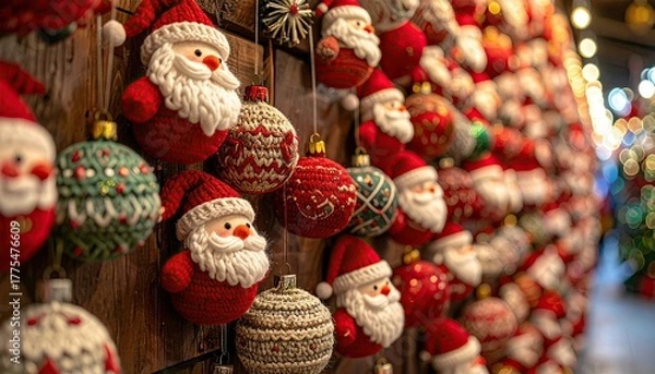 Obraz Close up of festive Christmas ornaments featuring Santa Claus and red baubles hanging on a wooden wall with bokeh lights in the background