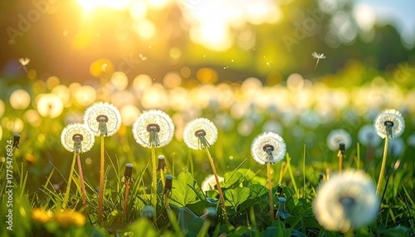 Fototapeta Close up of fluffy white dandelion seed heads in a sunlit green meadow with soft bokeh background during golden hour sunlight.