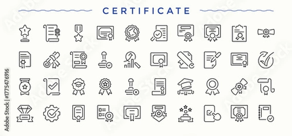 Fototapeta Certificate linear icon set. Quality line icon set. Minimal thin line web icons set. Pictograms of product, assurance, mark, control, inspect and more. Editable vector art.