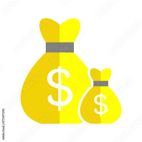 Fototapeta Two yellow money bags, one large and one small, with dollar signs, representing wealth and finance.