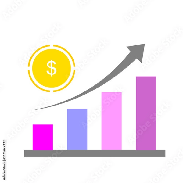 Fototapeta A vibrant bar chart illustrating financial growth and increasing profits with an upward trend arrow and a dollar coin.