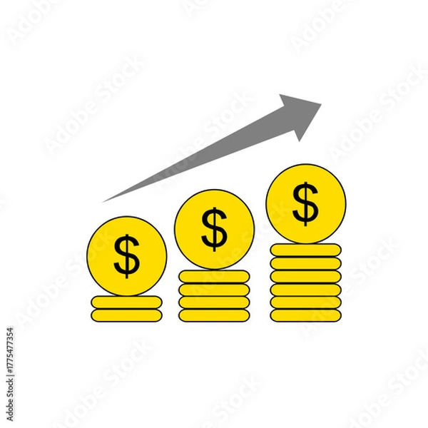 Fototapeta Illustration of financial growth with increasing stacks of dollar coins and an upward trend arrow, symbolizing prosperity and investment success.