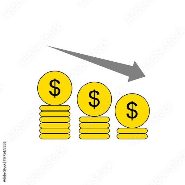 Fototapeta Stacks of gold dollar coins decreasing in height with a downward arrow, symbolizing financial decline or loss.