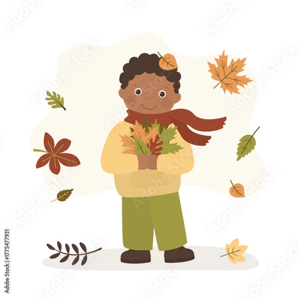 Obraz Cute kid playing with autumn leaves. Happy child in fall. Funny african american boy in outdoor activity, male character in warm clothes isolated on white background.