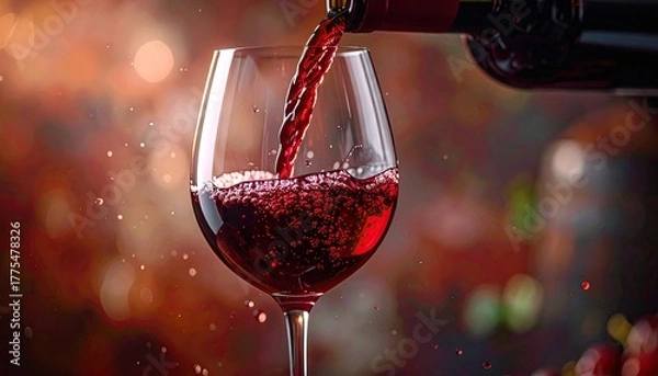 Obraz Close up of rich red wine being poured into a crystal glass from a dark bottle with sparkling bokeh lights in the background creating an elegant atmosphere for celebration
