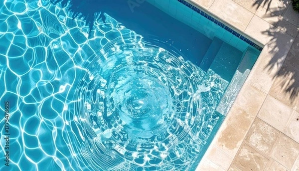 Obraz Close Up Of Rippling Blue Swimming Pool Water With Sunlight Reflections And Palm Tree Shadows In Bright Sunlight
