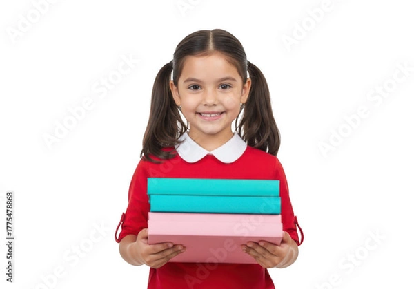 Fototapeta Smiling young girl holding a stack of books isolated on transparent background