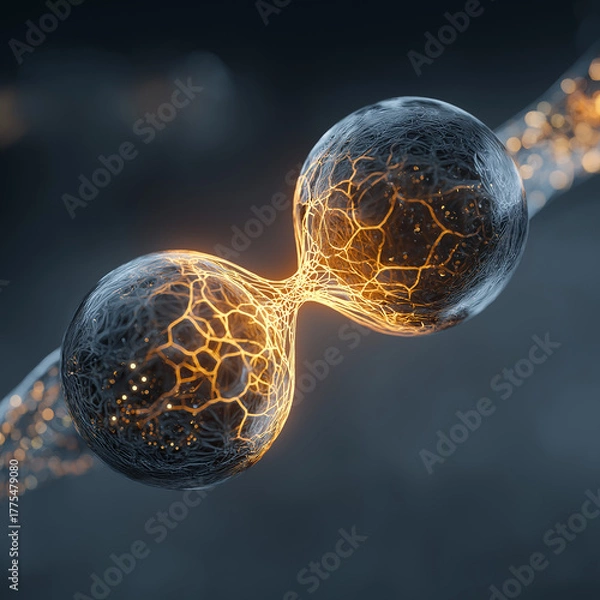 Fototapeta Dividing Energy: A dynamic image of two interconnected spheres radiating with intricate, glowing energy.