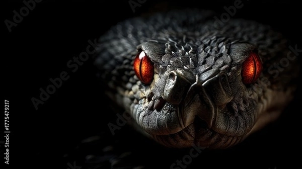 Fototapeta Close up of a snakes head with bright red eyes and textured scales