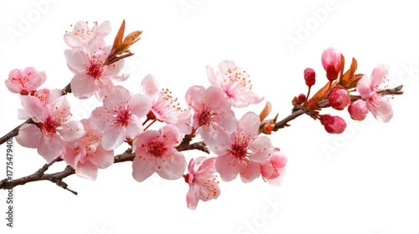 Obraz Delicate pink cherry blossoms branch isolated on white background