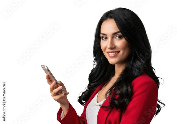 Fototapeta Smiling woman in red jacket holding a smartphone isolated on transparent background