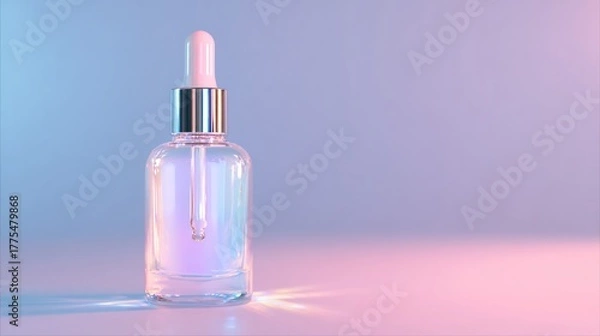 Fototapeta Cosmetic serum bottle illuminated with blue and pink light on a gradient background