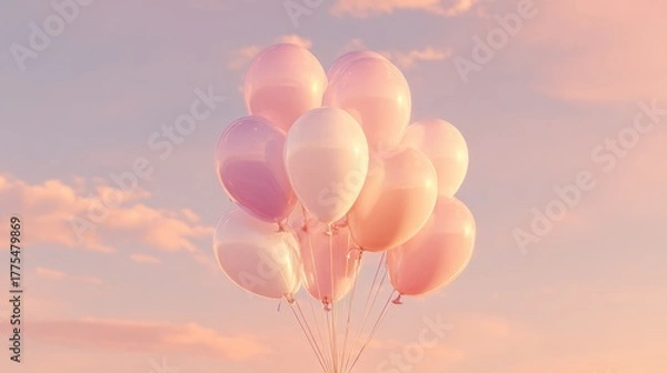 Fototapeta Pastel balloons floating against a dreamy sky with clouds at sunset