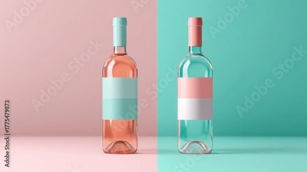 Fototapeta Elegant wine bottles with blank labels against pastel colored backgrounds