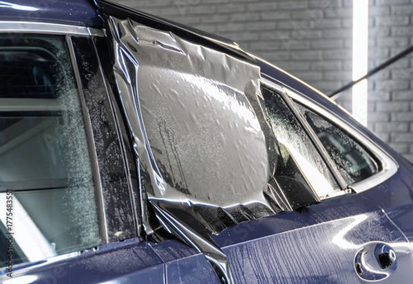 Fototapeta Male car service worker glue window tinting in luxury car detailing car repair the concept of love for cars and protection. Applying tinting foil on a car window in the tuning studio close-up. 