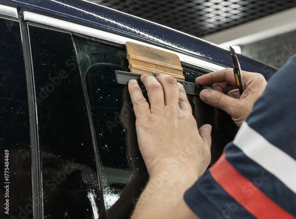 Obraz Male car service worker glue window tinting in luxury car detailing car repair the concept of love for cars and protection. Applying tinting foil on a car window in the tuning studio close-up. 