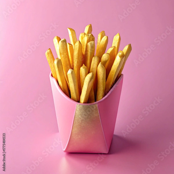 Fototapeta French fries in a pink paper cup on a pink background, closeup studio shot