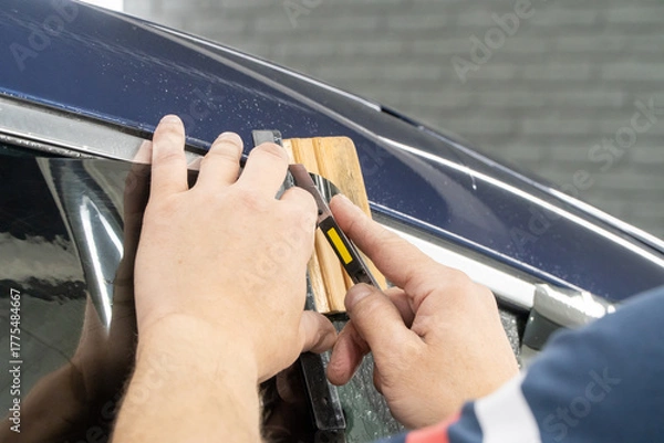 Fototapeta Male car service worker glue window tinting in luxury car detailing car repair the concept of love for cars and protection. Applying tinting foil on a car window in the tuning studio close-up. 