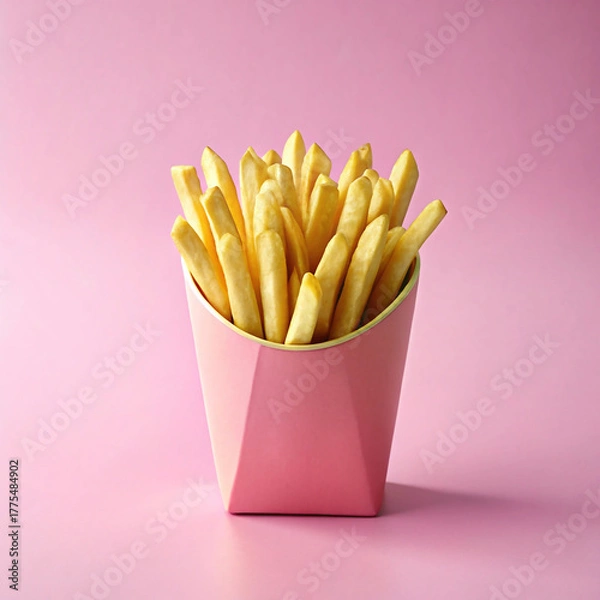 Fototapeta French fries in a pink paper cup on a pink background, fast food concept