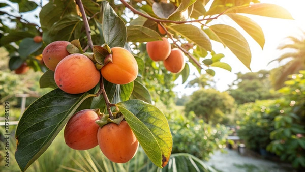 Fototapeta Sunlit persimmons on a tree branch, capturing the vibrant colors and textures of the fruit and foliage in a serene garden setting in autumn