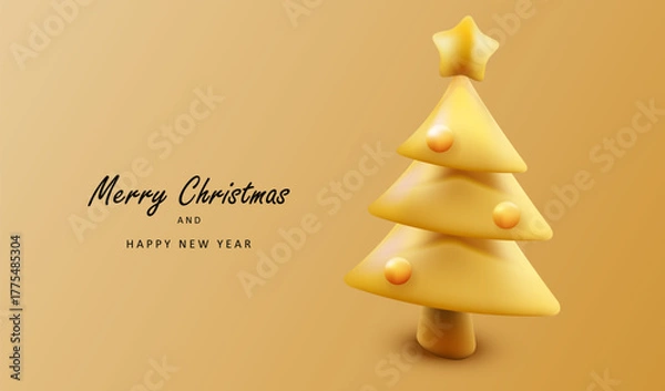 Obraz Realistic yellow golden 3d tree with balls and star on it.  Merry Christmas card. Holiday vector gold background.