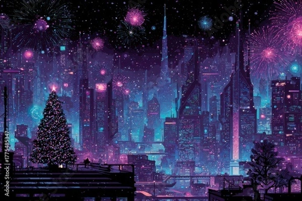 Fototapeta A futuristic cyberpunk cityscape with colorful fireworks illuminating the sky and a glowing neon Christmas tree in the foreground.