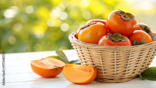 Fototapeta A vibrant display of ripe persimmons in a wicker basket on a white table against a blurred green background, showcasing the beauty of autumn harvest